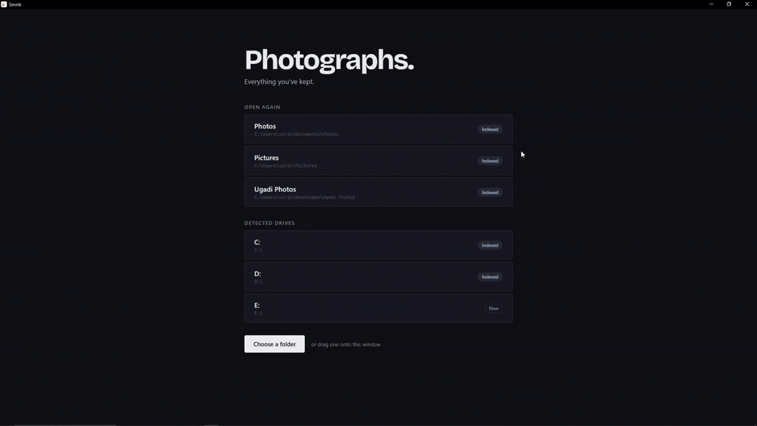 A 30-second loop of Smriti: indexing a folder, browsing the timeline, clustering faces, exploring the map, searching, and entering the slideshow.