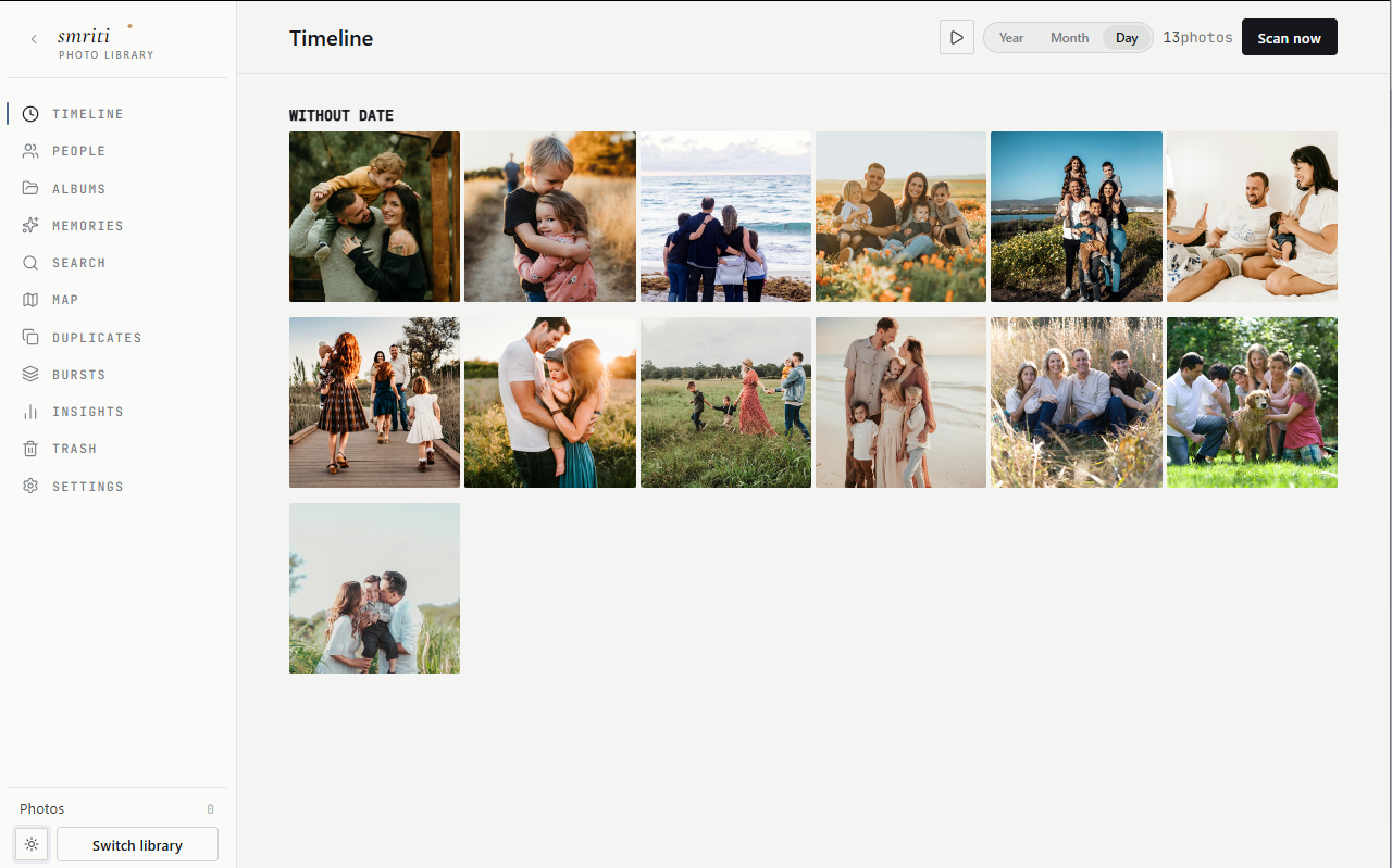 Smriti timeline view showing a scrollable grid of photo thumbnails with a sticky year header